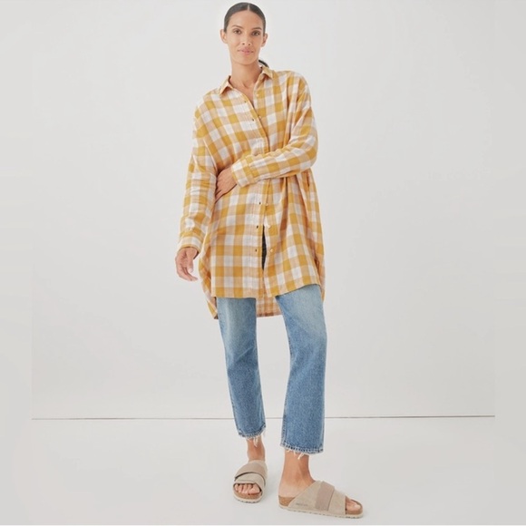 Pact 100% Organic Cotton Gauze Checkered Golden Yellow White Tunic Dress XS / S - Picture 2 of 12